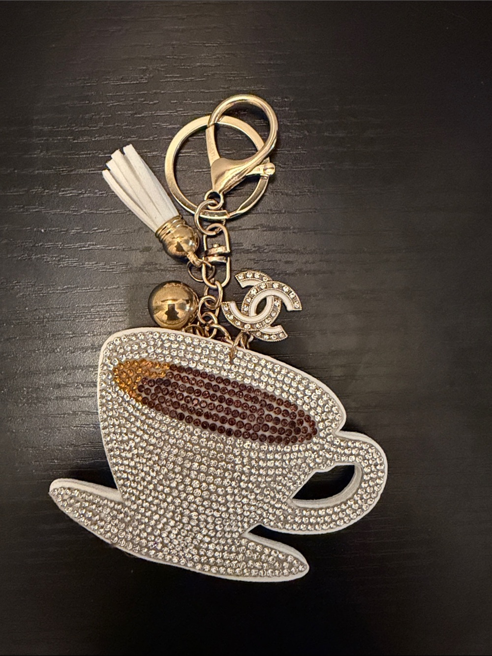 Inspired Rhinestone Tea/Coffee Cup Key & Card Holder Charm - White and Gold